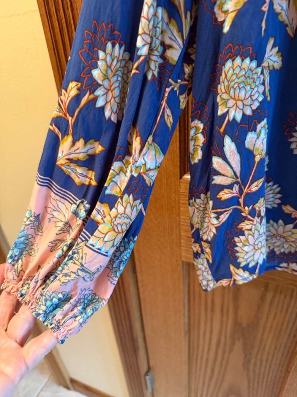 Democracy Xl Navy Floral Tie-Front Long Sleeve Blouse with Pink Accents - Picture 3 of 7